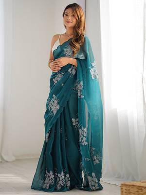 teal ethnic motifs sequinned organza saree 1