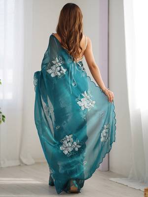 teal ethnic motifs sequinned organza saree 2
