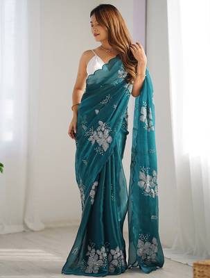 teal ethnic motifs sequinned organza saree 3