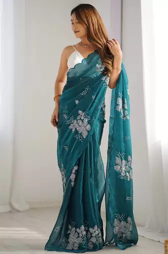 teal ethnic motifs sequinned organza saree
