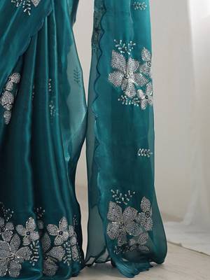 teal ethnic motifs sequinned organza saree 5