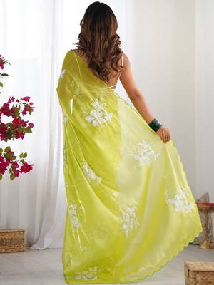 lime embellished sequinned organza saree 3