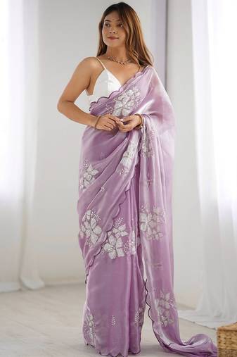 lavender embellished sequinned organza saree