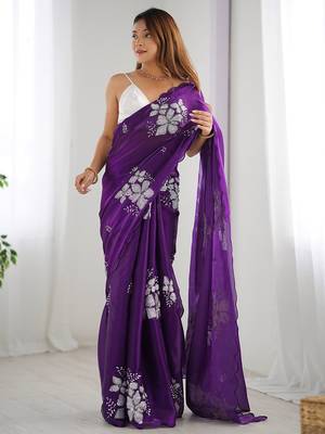 purple ethnic motifs sequinned organza saree 2