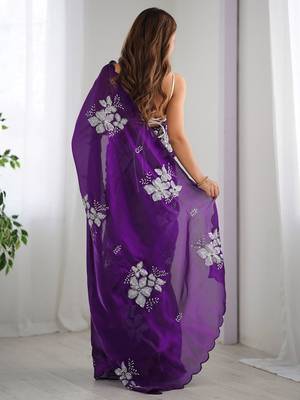 purple ethnic motifs sequinned organza saree 3