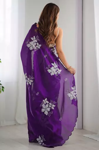 purple ethnic motifs sequinned organza saree