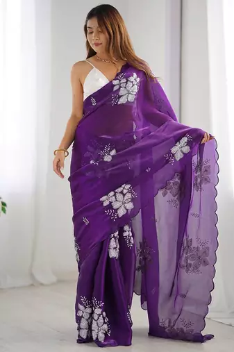 purple ethnic motifs sequinned organza saree