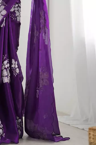 purple ethnic motifs sequinned organza saree