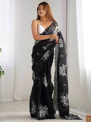 black embellished floral sequinned organza saree 1