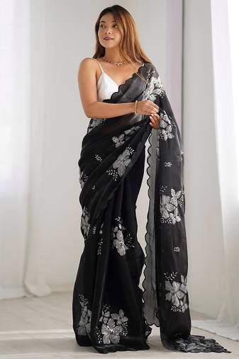 black embellished floral sequinned organza saree