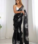 black embellished floral sequinned organza saree