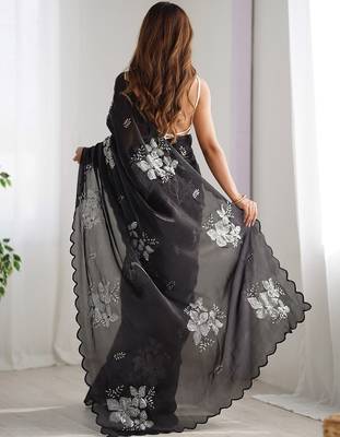 black embellished floral sequinned organza saree 2