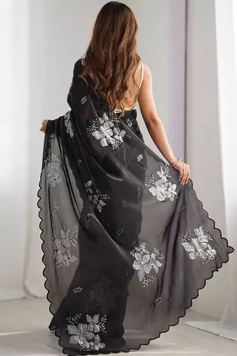 black embellished floral sequinned organza saree
