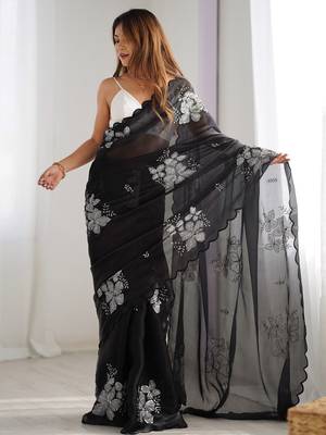 black embellished floral sequinned organza saree 3