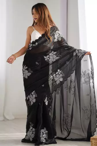 black embellished floral sequinned organza saree