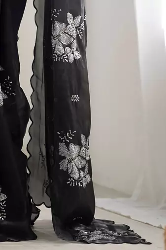 black embellished floral sequinned organza saree