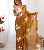 brown embellished sequinned organza saree