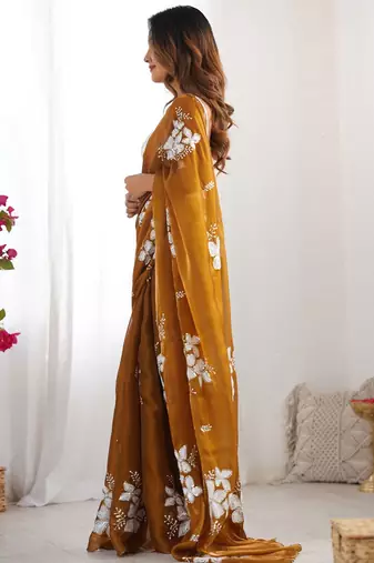 brown embellished sequinned organza saree