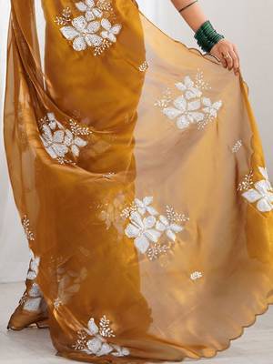 brown embellished sequinned organza saree 5
