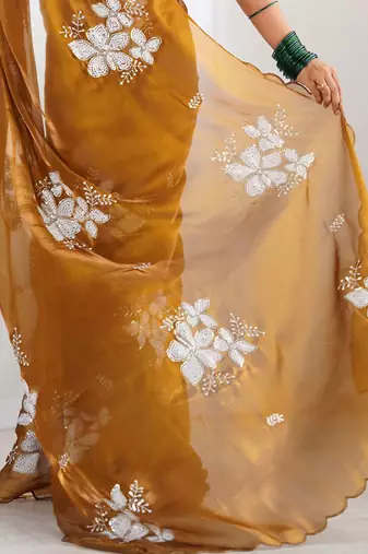 brown embellished sequinned organza saree
