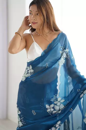 blue floral sequinned organza saree with blouse blouse piece