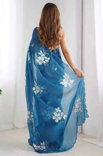 blue floral sequinned organza saree with blouse blouse piece