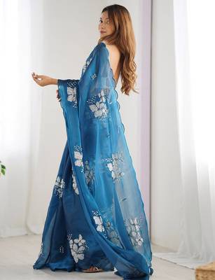 blue floral sequinned organza saree with blouse blouse piece 4