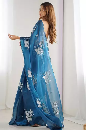 blue floral sequinned organza saree with blouse blouse piece
