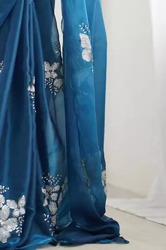 blue floral sequinned organza saree with blouse blouse piece