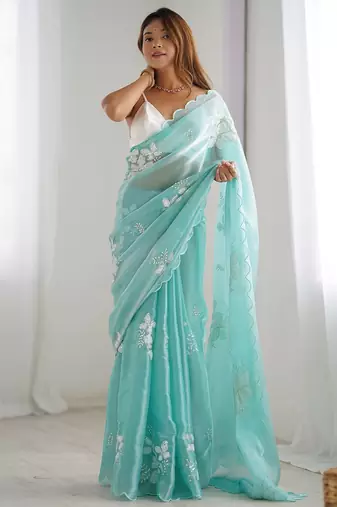 blue ethnic motifs sequinned saree
