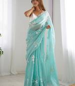 blue ethnic motifs sequinned saree