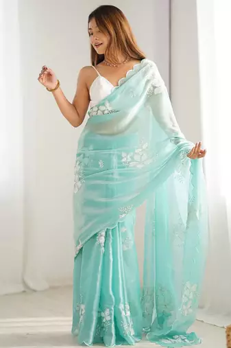 blue ethnic motifs sequinned saree