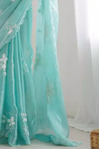 blue ethnic motifs sequinned saree