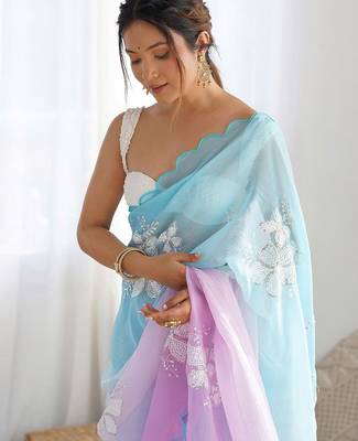 blue women embellished sequinned chiffon saree 1