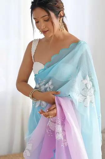 blue women embellished sequinned chiffon saree