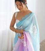 blue women embellished sequinned chiffon saree
