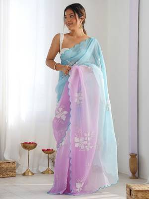blue women embellished sequinned chiffon saree 2