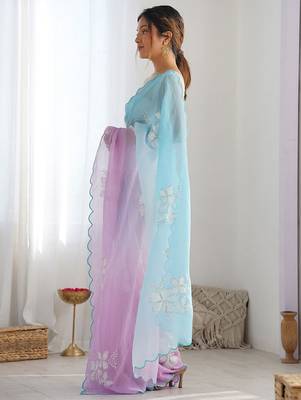 blue women embellished sequinned chiffon saree 3