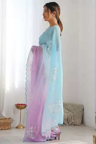 blue women embellished sequinned chiffon saree