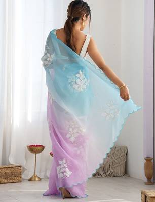 blue women embellished sequinned chiffon saree 4