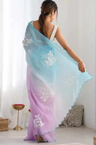blue women embellished sequinned chiffon saree