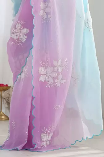 blue women embellished sequinned chiffon saree