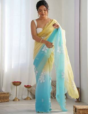 yellow women embellished sequinned chiffon saree 2
