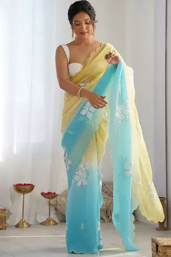 yellow women embellished sequinned chiffon saree