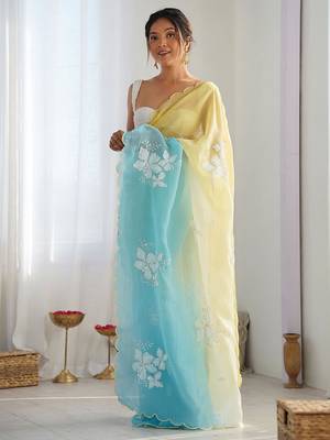 yellow women embellished sequinned chiffon saree 3