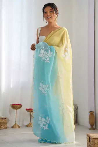 yellow women embellished sequinned chiffon saree