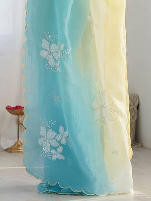 yellow women embellished sequinned chiffon saree 5