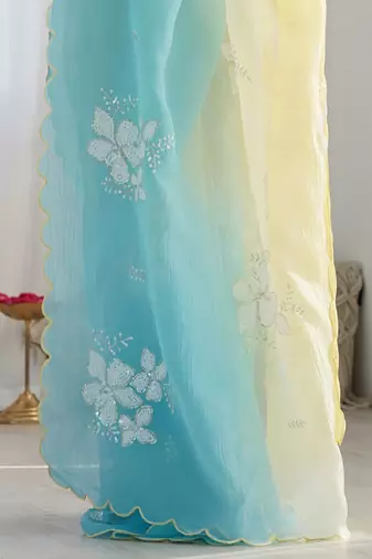 yellow women embellished sequinned chiffon saree