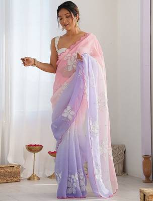 pink embellished sequinned chiffon saree 2