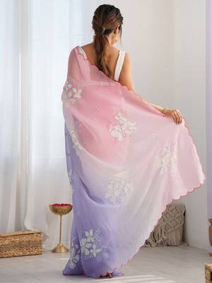 pink embellished sequinned chiffon saree 4